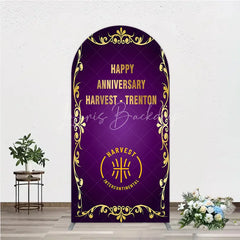 Lofaris Happy Anniversary Corporate Event Arch Backdrop Elegant Purple and Gold Ornate Frame Company Party Photo Booth Decor