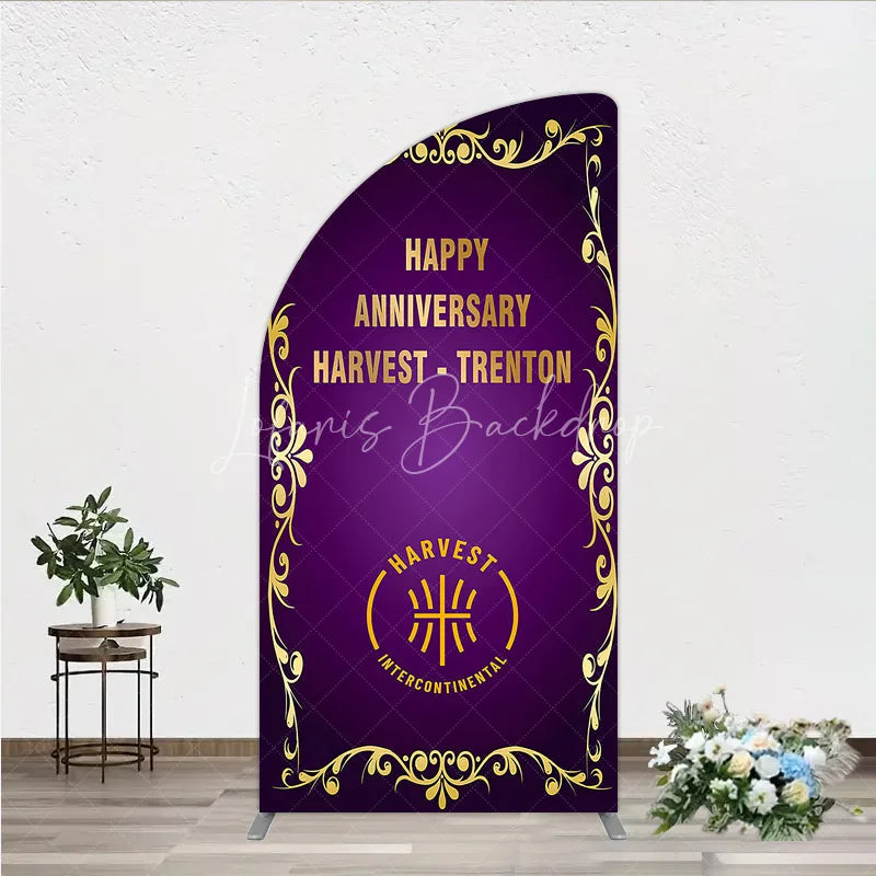Lofaris Happy Anniversary Corporate Event Half Moon Arch Backdrop Elegant Purple and Gold Ornate Frame Company Party Photo Booth Decor