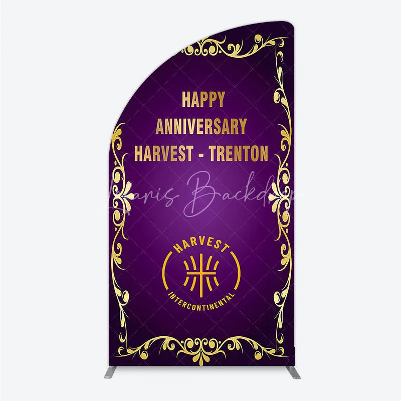 Lofaris Happy Anniversary Corporate Event Half Moon Arch Backdrop Elegant Purple and Gold Ornate Frame Company Party Photo Booth Decor