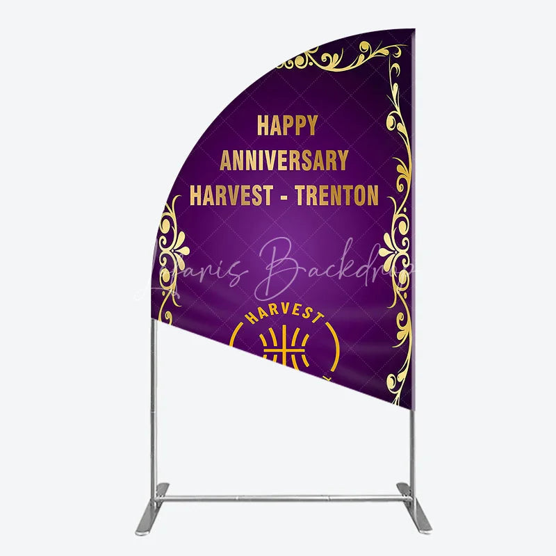 Lofaris Happy Anniversary Corporate Event Half Moon Arch Backdrop Elegant Purple and Gold Ornate Frame Company Party Photo Booth Decor