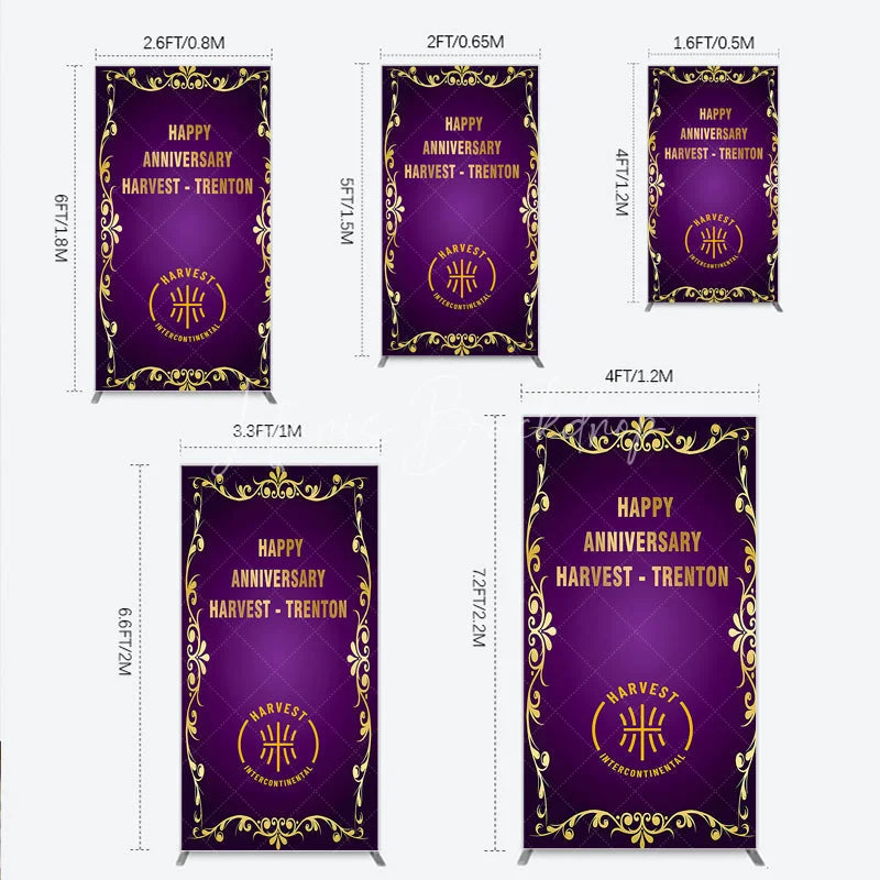 Lofaris Happy Anniversary Corporate Event Rectangle Backdrop Elegant Purple and Gold Ornate Frame Company Party Photo Booth Decor