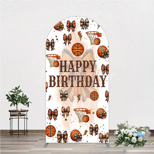 Lofaris Happy Birthday Arch Backdrop Basketballs or Bows Gender Reveal He She Sports Theme Party Decor