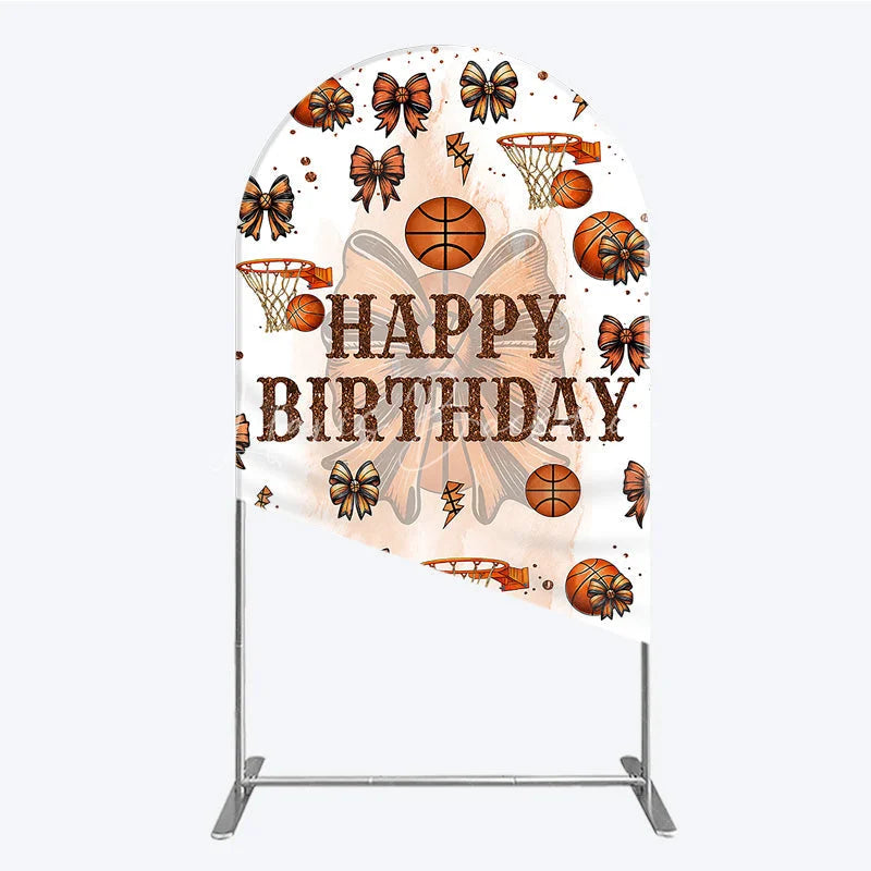 Lofaris Happy Birthday Arch Backdrop Basketballs or Bows Gender Reveal He She Sports Theme Party Decor
