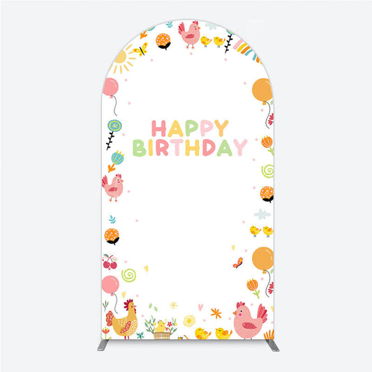 Lofaris Happy Birthday Arch Backdrop for Kids Cute Farm Friends with Chicken and Chicks Sunshine Rainbow Party Prop