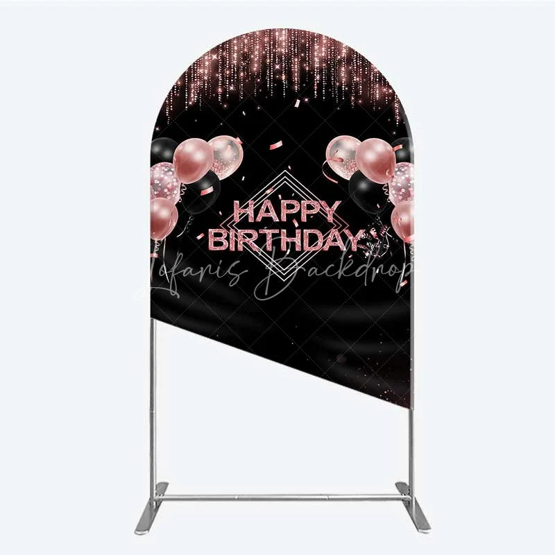 Lofaris Happy Birthday Arch Backdrop Rose Gold Balloons Black Glitter Champagne Decor