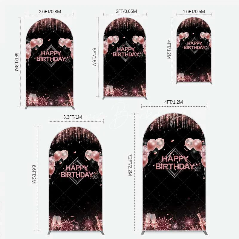 Lofaris Happy Birthday Arch Backdrop Rose Gold Balloons Black Glitter Champagne Decor
