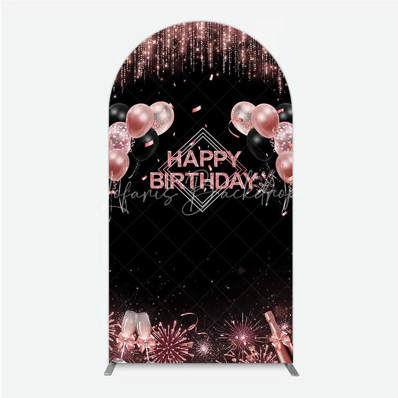 Lofaris Happy Birthday Arch Backdrop Rose Gold Balloons Black Glitter Champagne Decor