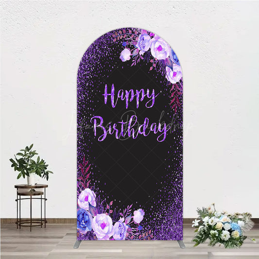 Lofaris Happy Birthday Arch Backdrop for Women Black and Purple Glitter with Floral Elegant Milestone Party Photo Prop