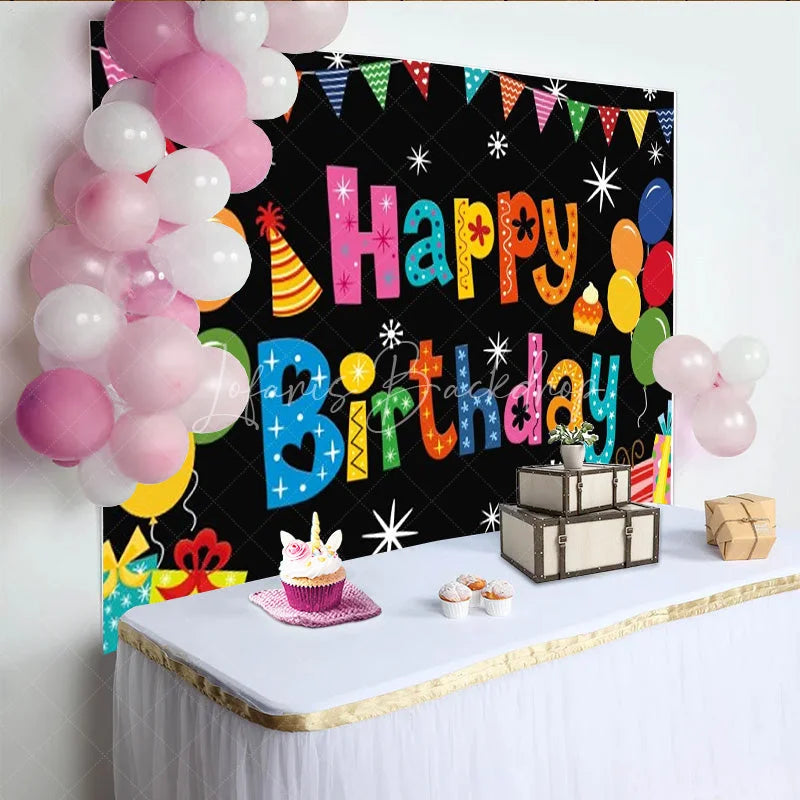 Lofaris Happy Birthday Backdrop Colorful Balloons Pennant Banner Black Background Kids Party Decorations Photo Booth Props