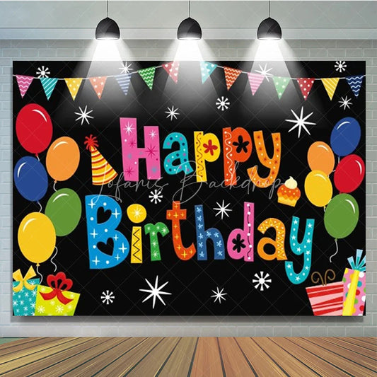 Lofaris Happy Birthday Backdrop Colorful Balloons Pennant Banner Black Background Kids Party Decorations Photo Booth Props