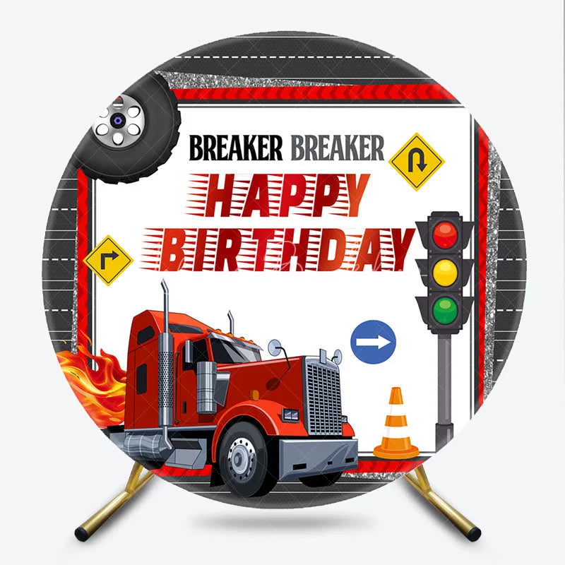 Lofaris Happy Birthday Big Rig Truck Round Backdrop Transportation Theme Red Semi Party Supplies for Boy