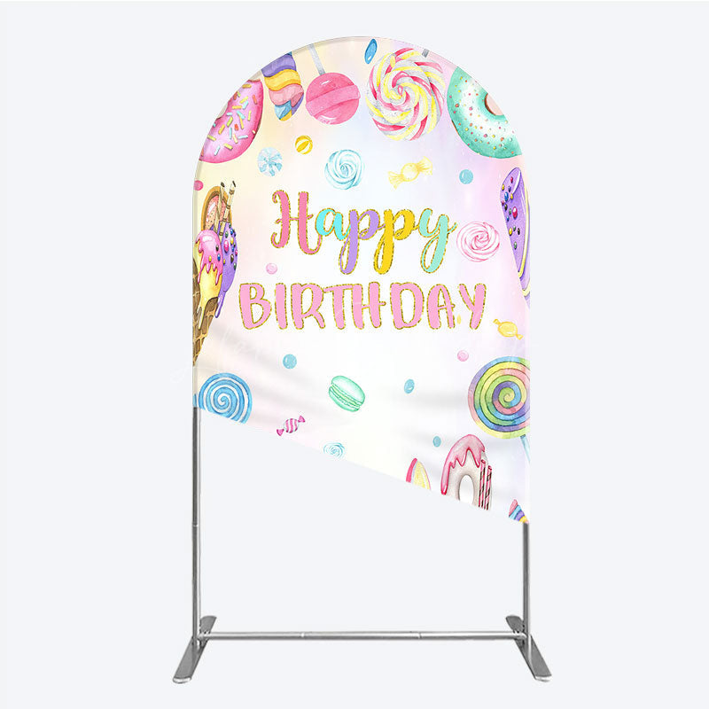 Lofaris Happy Birthday Candyland Arch Backdrop Pastel Donut Ice Cream and Lollipop Sweet Shoppe Party Photo Booth