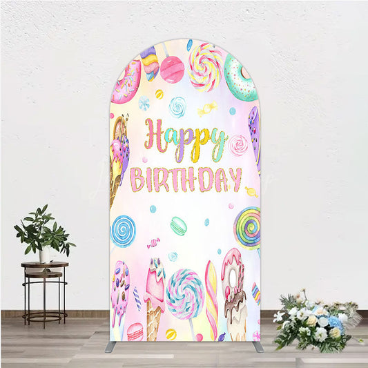 Lofaris Happy Birthday Candyland Arch Backdrop Pastel Donut Ice Cream and Lollipop Sweet Shoppe Party Photo Booth
