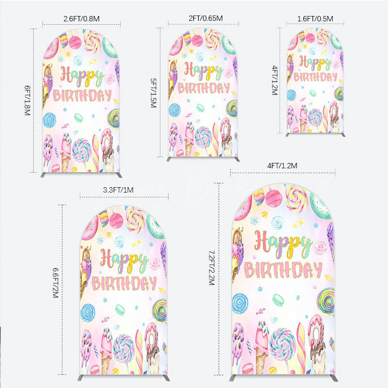 Lofaris Happy Birthday Candyland Arch Backdrop Pastel Donut Ice Cream and Lollipop Sweet Shoppe Party Photo Booth