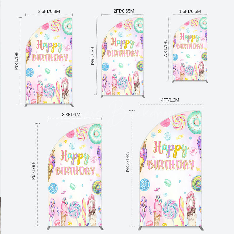 Lofaris Happy Birthday Candyland Half Moon Arch Backdrop Pastel Donut Ice Cream and Lollipop Sweet Shoppe Party Photo Booth