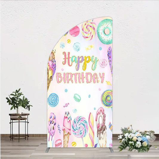 Lofaris Happy Birthday Candyland Half Moon Arch Backdrop Pastel Donut Ice Cream and Lollipop Sweet Shoppe Party Photo Booth