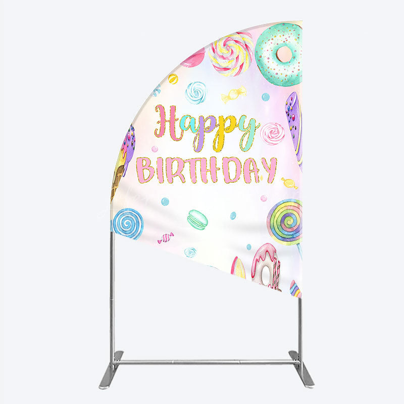 Lofaris Happy Birthday Candyland Half Moon Arch Backdrop Pastel Donut Ice Cream and Lollipop Sweet Shoppe Party Photo Booth