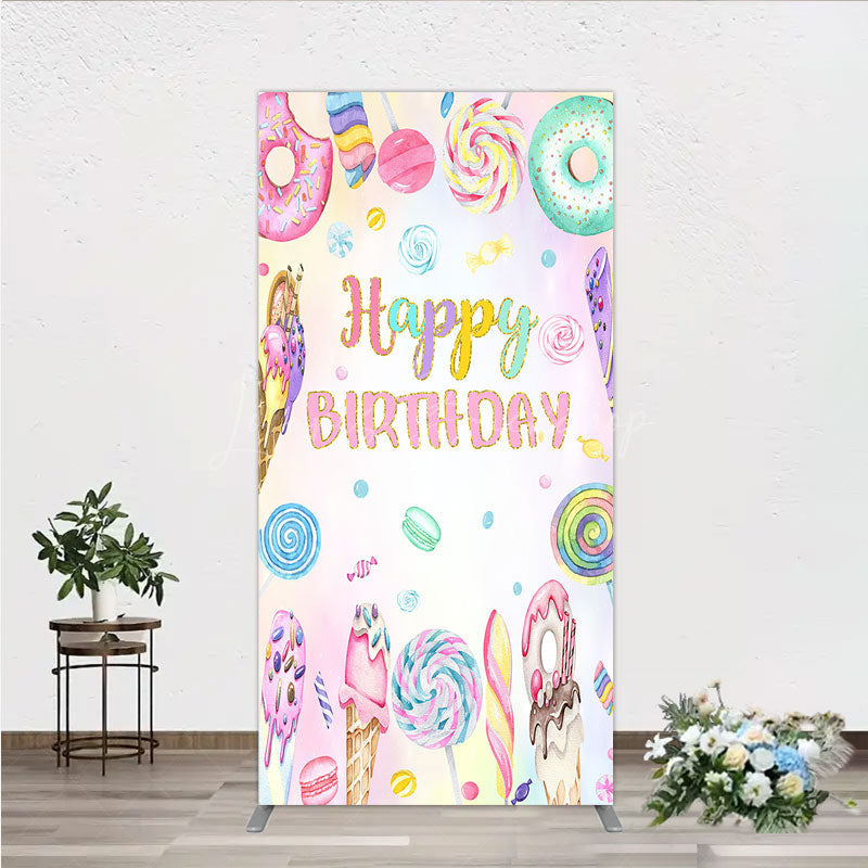Lofaris Happy Birthday Candyland Rectangle Backdrop Pastel Donut Ice Cream and Lollipop Sweet Shoppe Party Photo Booth