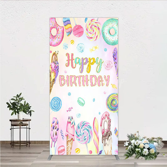 Lofaris Happy Birthday Candyland Rectangle Backdrop Pastel Donut Ice Cream and Lollipop Sweet Shoppe Party Photo Booth