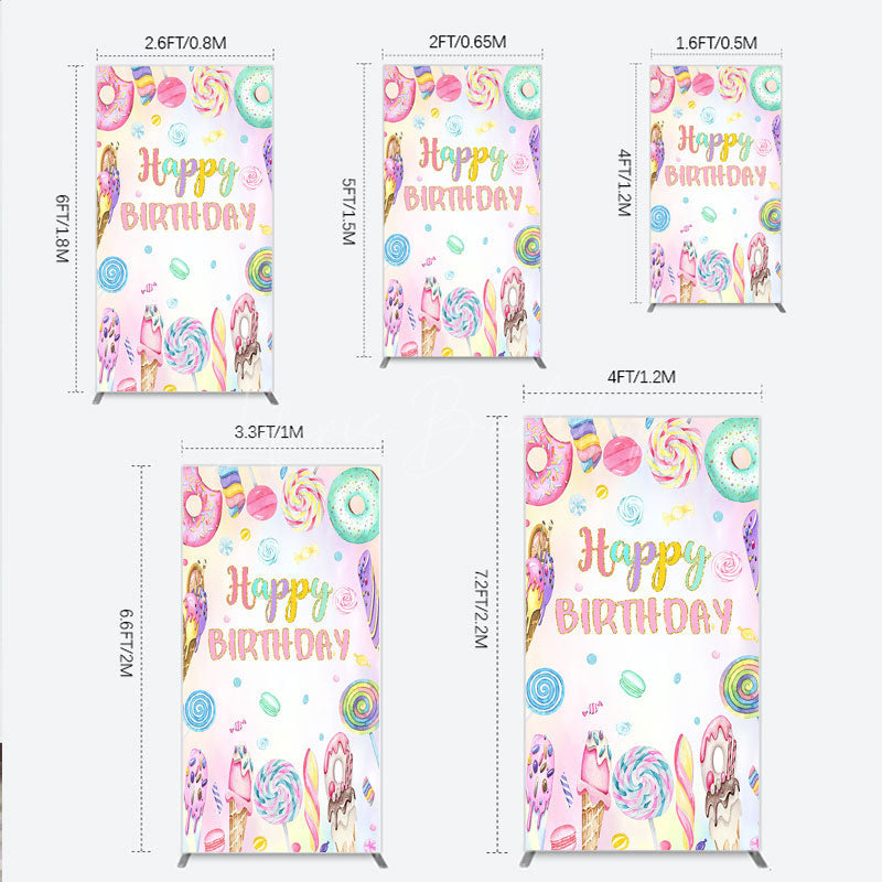 Lofaris Happy Birthday Candyland Rectangle Backdrop Pastel Donut Ice Cream and Lollipop Sweet Shoppe Party Photo Booth
