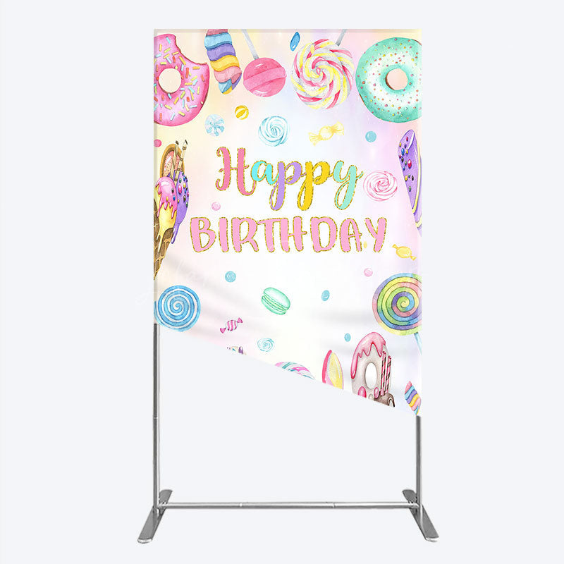 Lofaris Happy Birthday Candyland Rectangle Backdrop Pastel Donut Ice Cream and Lollipop Sweet Shoppe Party Photo Booth
