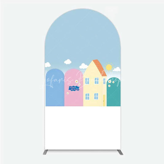 Lofaris Happy Birthday Cartoon Houses Arch Backdrop Simple Blue Sky with Sun and Clouds Background Kids Cute Town Party Decor