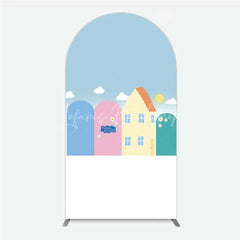 Lofaris Happy Birthday Cartoon Houses Arch Backdrop Simple Blue Sky with Sun and Clouds Background Kids Cute Town Party Decor