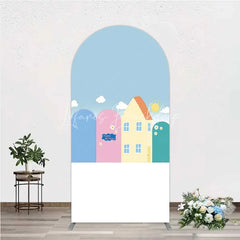Lofaris Happy Birthday Cartoon Houses Arch Backdrop Simple Blue Sky with Sun and Clouds Background Kids Cute Town Party Decor