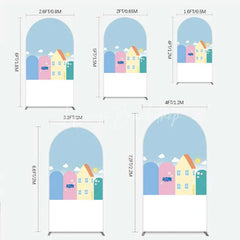 Lofaris Happy Birthday Cartoon Houses Arch Backdrop Simple Blue Sky with Sun and Clouds Background Kids Cute Town Party Decor