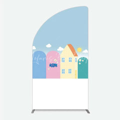 Lofaris Happy Birthday Cartoon Houses Half Moon Arch Backdrop Simple Blue Sky with Sun and Clouds Background Kids Cute Town Party Decor