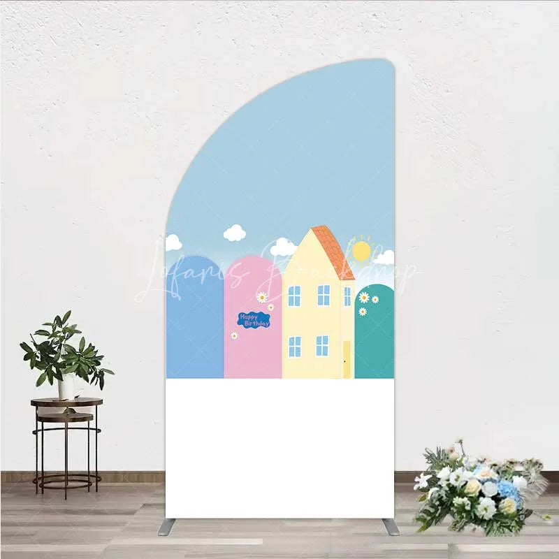Lofaris Happy Birthday Cartoon Houses Half Moon Arch Backdrop Simple Blue Sky with Sun and Clouds Background Kids Cute Town Party Decor