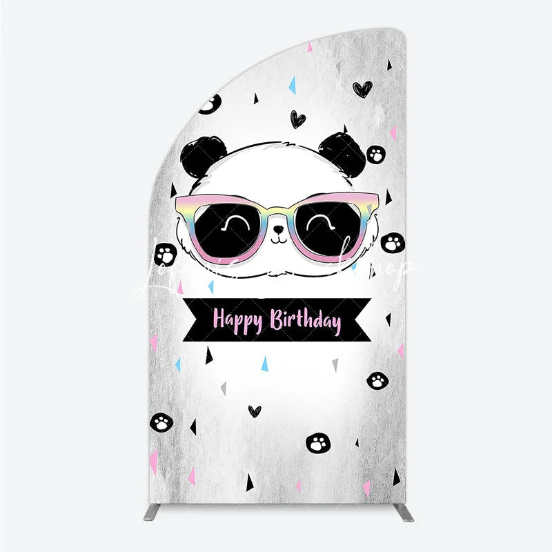 Lofaris Happy Birthday Cartoon Panda Half Moon Arch Backdrop with Rainbow Sunglasses Silver Textured Background Party Decor