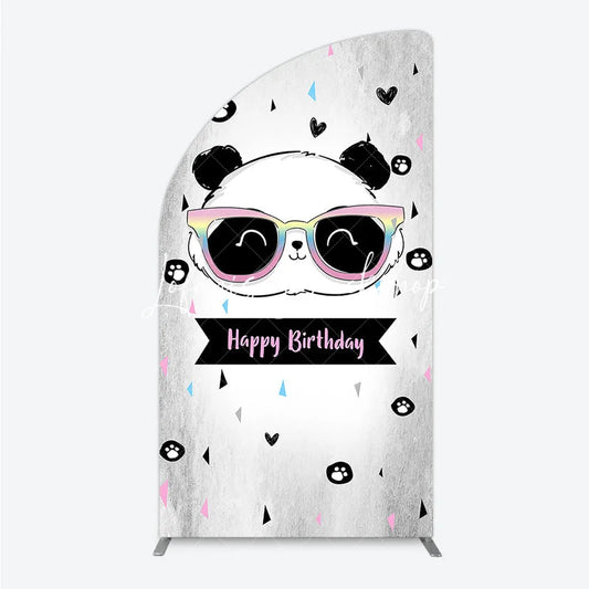 Lofaris Happy Birthday Cartoon Panda Half Moon Arch Backdrop with Rainbow Sunglasses Silver Textured Background Party Decor