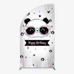 Lofaris Happy Birthday Cartoon Panda Half Moon Arch Backdrop with Rainbow Sunglasses Silver Textured Background Party Decor