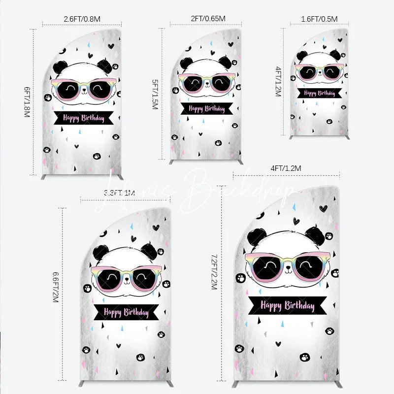 Lofaris Happy Birthday Cartoon Panda Half Moon Arch Backdrop with Rainbow Sunglasses Silver Textured Background Party Decor