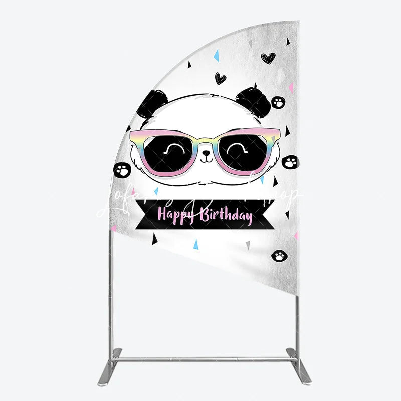 Lofaris Happy Birthday Cartoon Panda Half Moon Arch Backdrop with Rainbow Sunglasses Silver Textured Background Party Decor