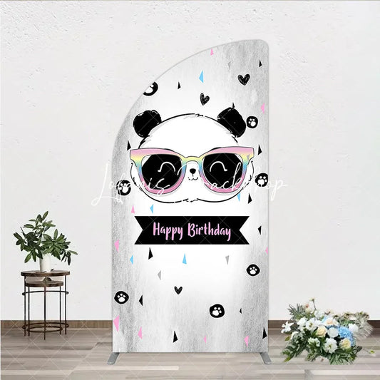 Lofaris Happy Birthday Cartoon Panda Half Moon Arch Backdrop with Rainbow Sunglasses Silver Textured Background Party Decor