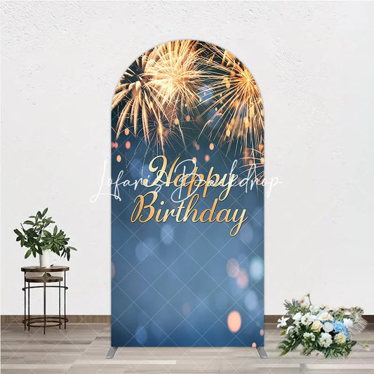 Lofaris Happy Birthday Golden Sparkling Bursts Round Top Arch Backdrop Blue Elegant Party Decoration