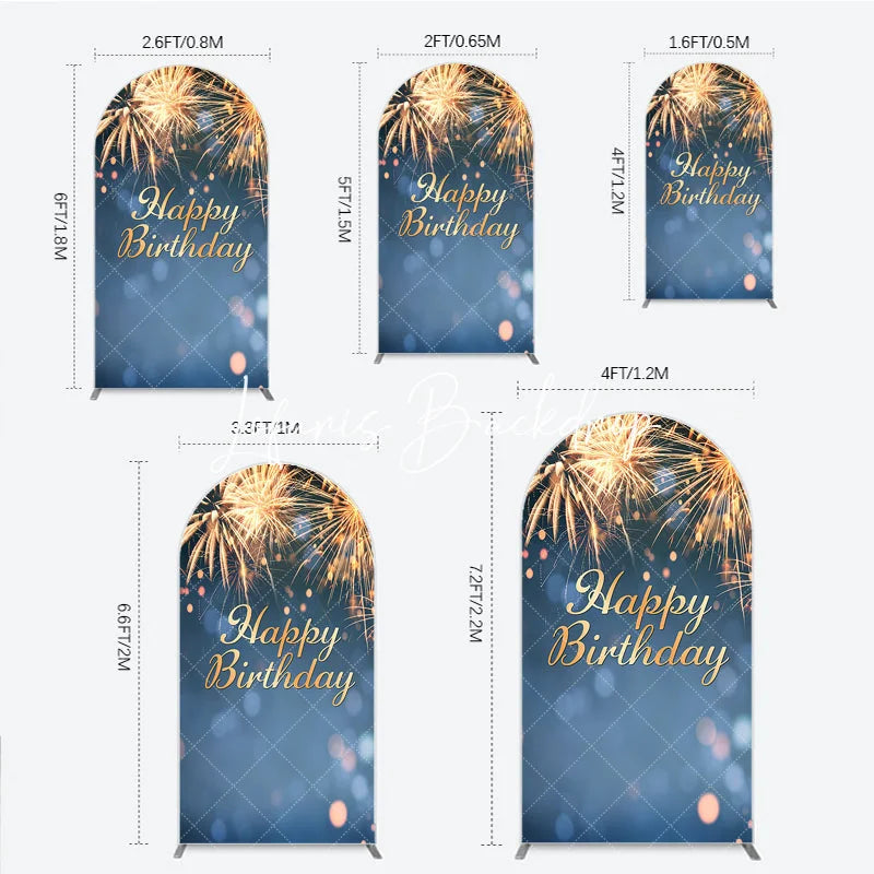 Lofaris Happy Birthday Golden Sparkling Bursts Round Top Arch Backdrop Blue Elegant Party Decoration