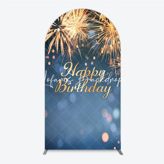 Lofaris Happy Birthday Golden Sparkling Bursts Round Top Arch Backdrop Blue Elegant Party Decoration