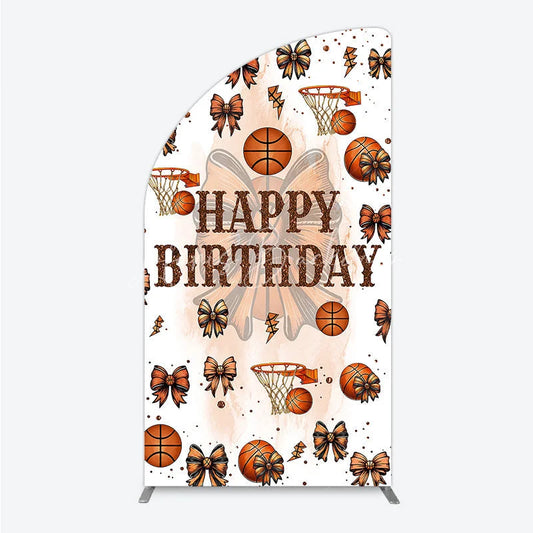 Lofaris Happy Birthday Half Moon Arch Backdrop Basketballs or Bows Gender Reveal He She Sports Theme Party Decor