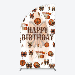 Lofaris Happy Birthday Half Moon Arch Backdrop Basketballs or Bows Gender Reveal He She Sports Theme Party Decor