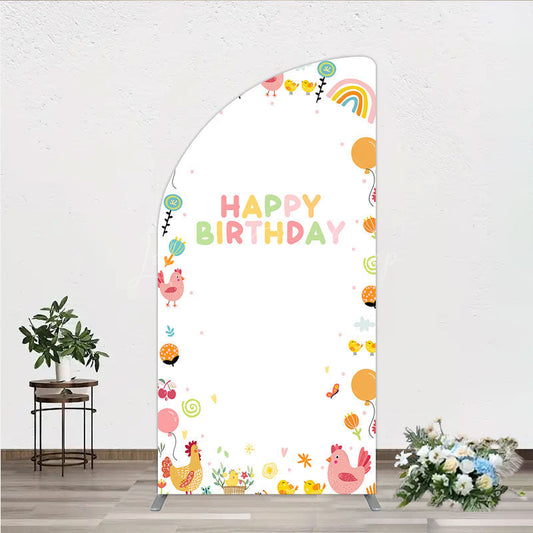 Lofaris Happy Birthday Half Moon Arch Backdrop for Kids Cute Farm Friends with Chicken and Chicks Sunshine Rainbow Party Prop