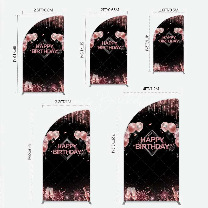 Lofaris Happy Birthday Half Moon Arch Backdrop Rose Gold Balloons Black Glitter Champagne Decor