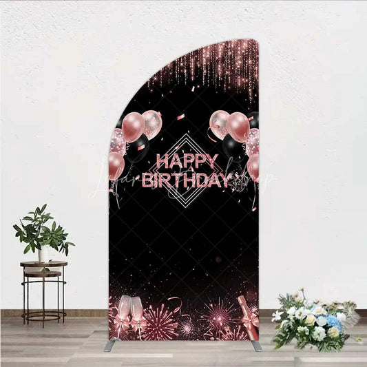 Lofaris Happy Birthday Half Moon Arch Backdrop Rose Gold Balloons Black Glitter Champagne Decor
