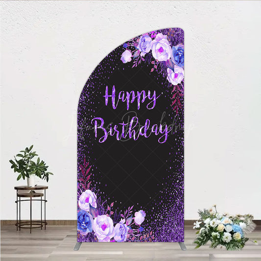 Lofaris Happy Birthday Half Moon Arch Backdrop for Women Black and Purple Glitter with Floral Elegant Milestone Party Photo Prop