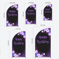 Lofaris Happy Birthday Half Moon Arch Backdrop for Women Black and Purple Glitter with Floral Elegant Milestone Party Photo Prop
