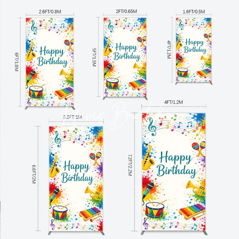 Lofaris Happy Birthday Musical Instruments Rectangle Arch Backdrop Vibrant Colorful Paint Splatters Party Decor