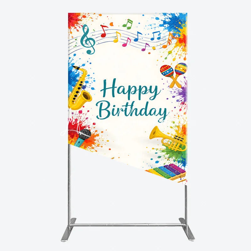 Lofaris Happy Birthday Musical Instruments Rectangle Arch Backdrop Vibrant Colorful Paint Splatters Party Decor