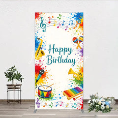 Lofaris Happy Birthday Musical Instruments Rectangle Arch Backdrop Vibrant Colorful Paint Splatters Party Decor